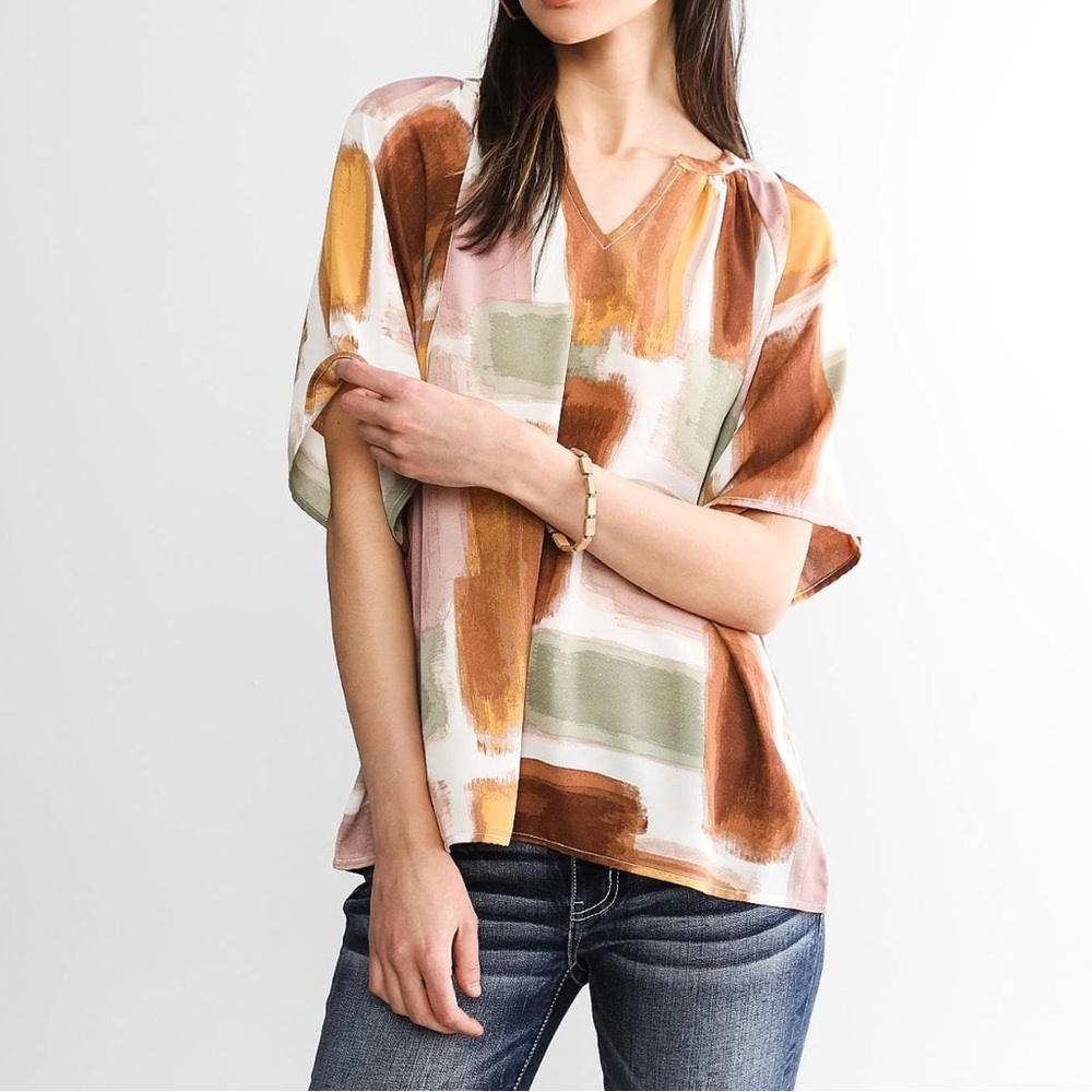 Buckle Black Blouse Abstract Chiffon Top Size Small Casual Artsy V-Neck